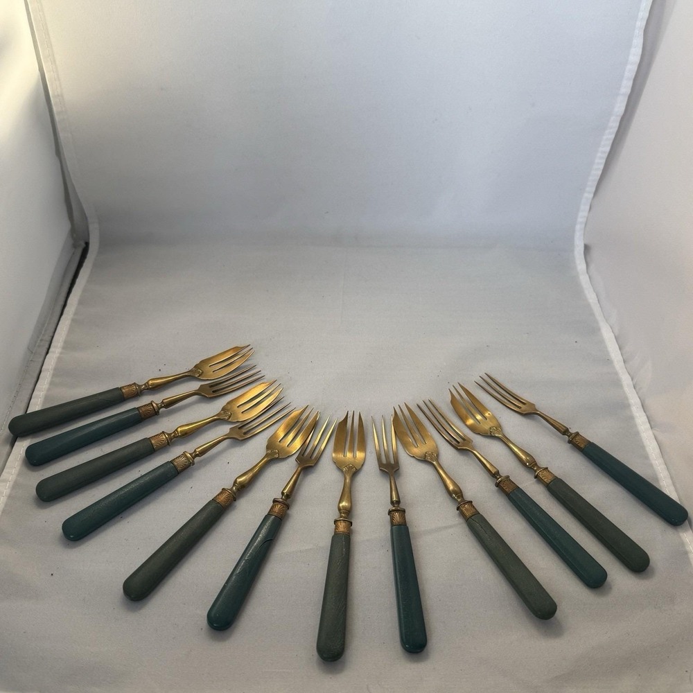 Vtg Brass Dessert/Fruit/Fish Forks Bakelite Handles Turquoise/Blue‎ With Cases